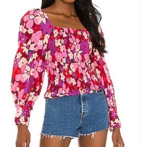 Free People Sz. XS ARIANA Party Combo Stretchy Floral Puffy Sleeve Smocked Top